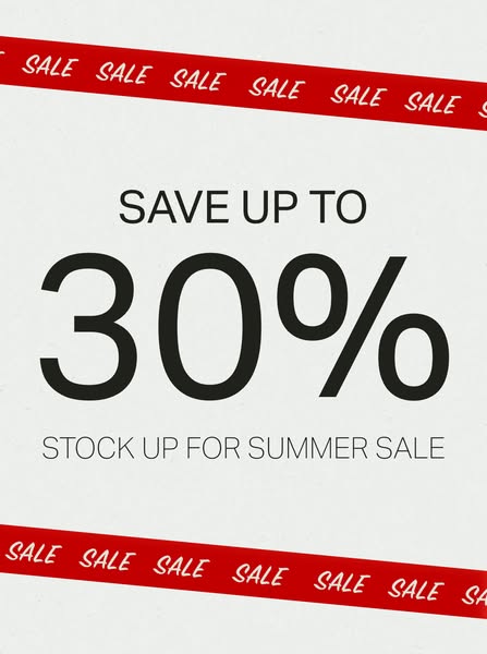 A summer sale ad featuring the phrases 'Save up to 30%' and 'Stock up for summer sale' against a white b