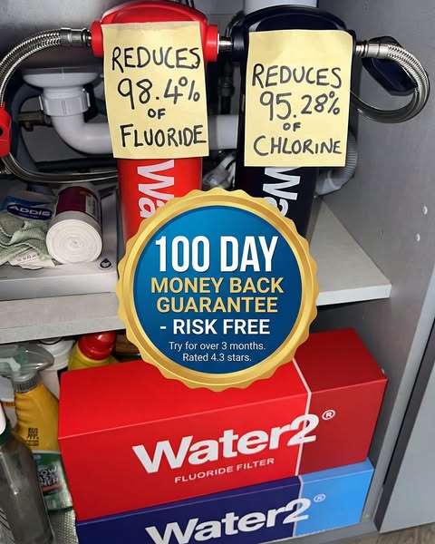 This image ad showcases the Water2 filter and highlights the product's ability to reduce fluoride and chlorine in wa