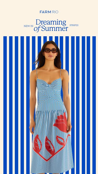This ad for FARM Rio features a woman in a blue and white striped dress with red flowers, with the text, "Dreaming 