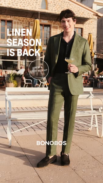 This image ad for Bonobos features a man in a green linen suit, promoting the brand's new and lightweight linen coll