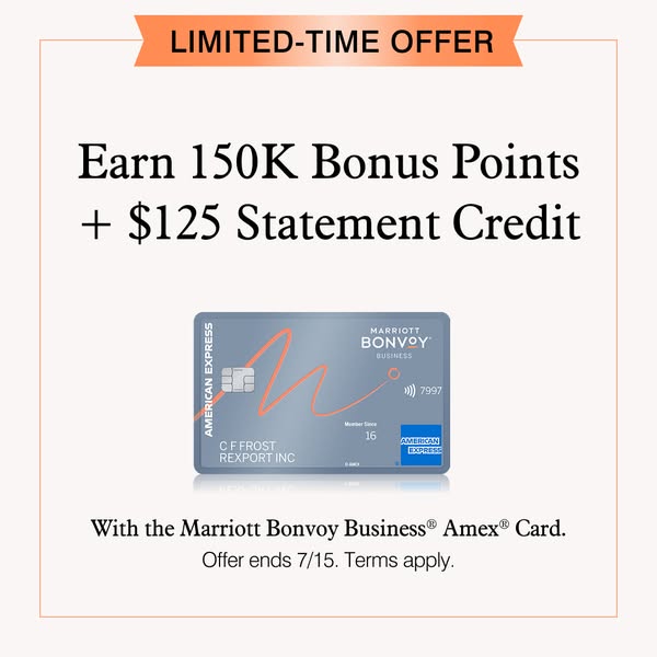 This image ad promotes the Marriott Bonvoy Business Amex Card and its limited-time offer for earning 150K bonus points a