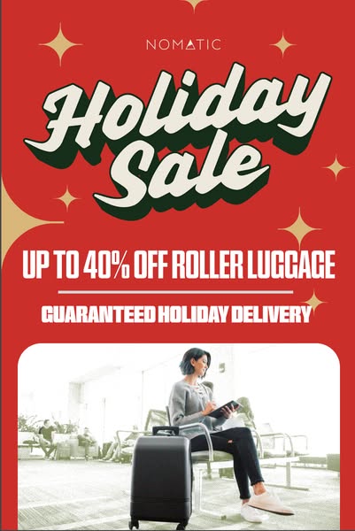 This ad promotes a holiday sale on Nomatic roller luggage, offering up to 40% off and guaranteed holiday delivery. It fe