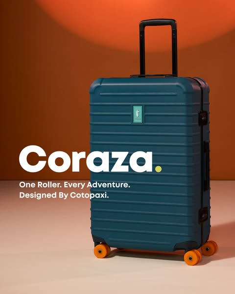 A teal colored rolling suitcase is displayed with the headline, 'Coraza. One Roller. Every Adventure. Designed By Co