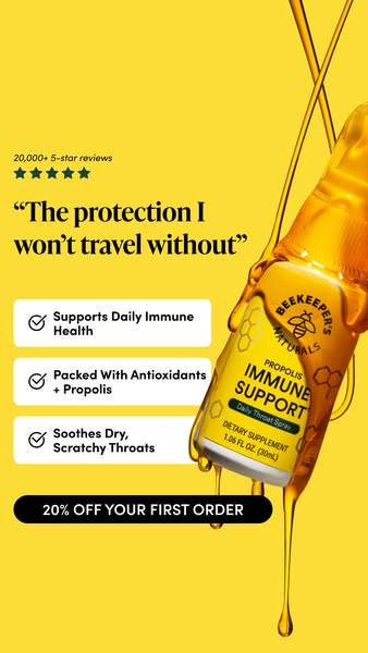 This ad for Beekeeper's Naturals features their Propolis Immune Support throat spray. The ad features a customer quo