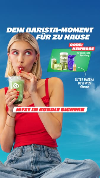 This image ad promotes More Nutrition's matcha bundle, featuring a woman enjoying a matcha drink and highlighting a 