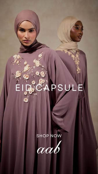 This ad highlights the Aab Eid capsule collection. It features two models wearing dresses from the collection and includ