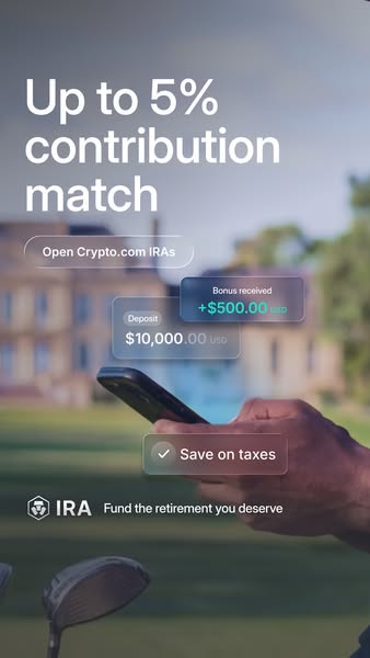 This ad promotes Crypto.com IRAs, highlighting a contribution match of up to 5% and the tax savings benefits.