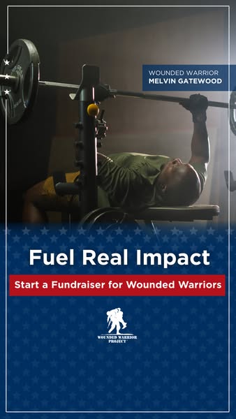 The ad showcases a veteran lifting weights to promote a fundraiser for Wounded Warriors.
