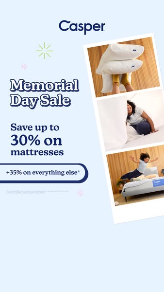 This ad for Casper highlights their Memorial Day sale with up to 30% off mattresses and 35% off everything else. The cre