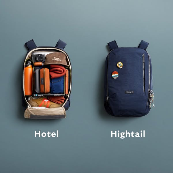 A side-by-side comparison ad of the Bellroy 'Hotel' backpack that is filled with travel-sized items and the Bell