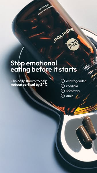 This ad for Moon Juice's SuperYou supplement highlights the product's ability to help stop emotional eating befo