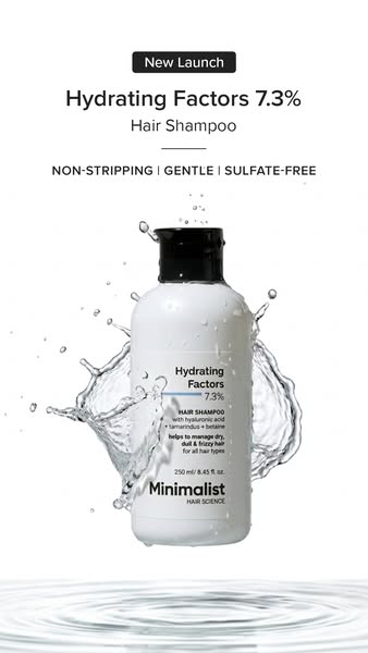 This image ad showcases the minimalist hair science hydrating factors 7.3% hair shampoo. It highlights the product's