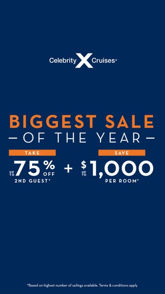 This image ad promotes Celebrity Cruises' biggest sale of the year, offering up to 75% off for the second guest and 