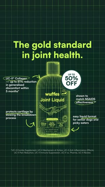 This is a social media image ad for Wuffes Joint Liquid. The ad features the product and calls out the benefit of reduci
