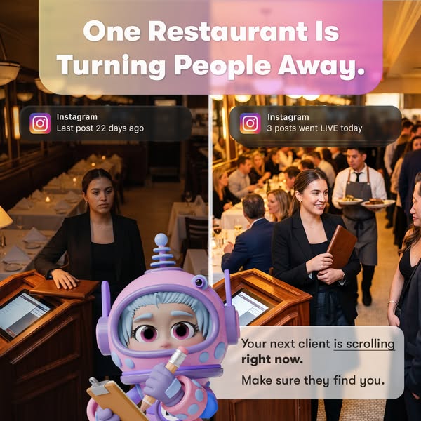 The image ad is split into two sections. On the left, a hostess stands in an empty restaurant. An Instagram notification