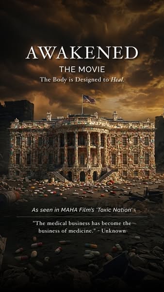This image ad promotes the movie 'Awakened'. It features a visual of the White House constructed out of pills, s