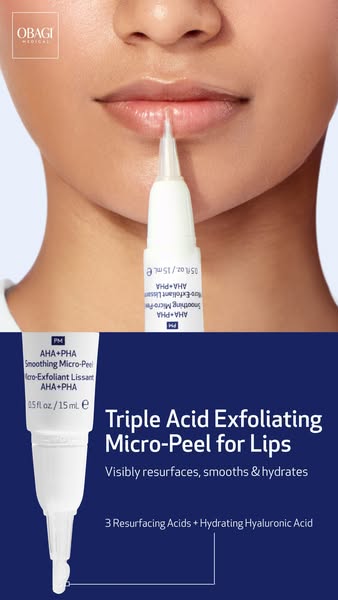 This ad for Obagi's Triple Acid Exfoliating Micro-Peel for Lips features a close-up shot of a woman's face, focu