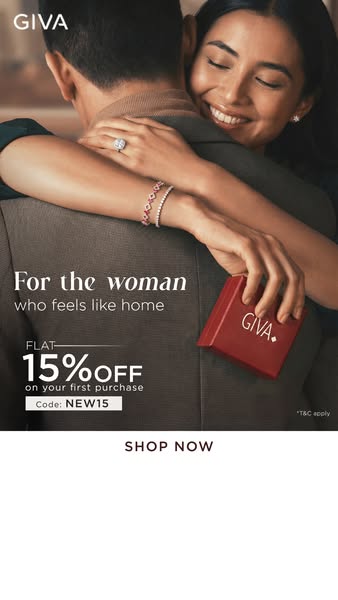 An ad for GIVA jewelry featuring a woman embracing a man, highlighting a ring and bracelet she is wearing, along with a 