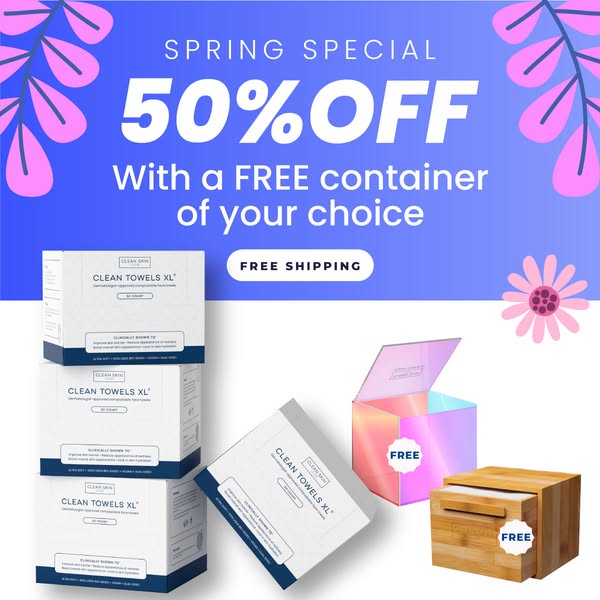 An ad for Clean Skin Clean Towels XL advertises a Spring Special, offering 50% off with a free container of the customer