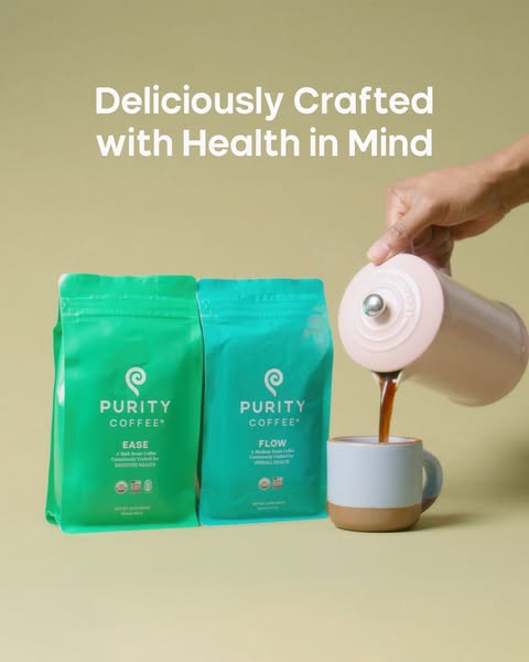 This ad promotes Purity Coffee, emphasizing its health benefits and high-quality sourcing. The image features bags of &#