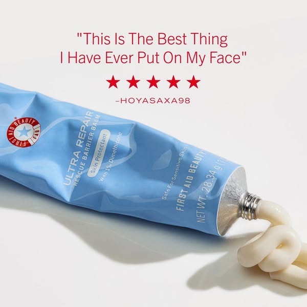 This image ad showcases First Aid Beauty's Ultra Repair Rescue Barrier Balm by highlighting a customer testimonial a