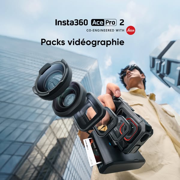 This ad showcases the Insta360 Ace Pro 2 camera and its videography packs, emphasizing its co-engineering with Leica. Th