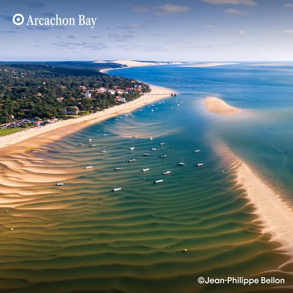 This image showcases an aerial view of Arcachon Bay, featuring a vast beach, a small village, a forest, and the blue oce