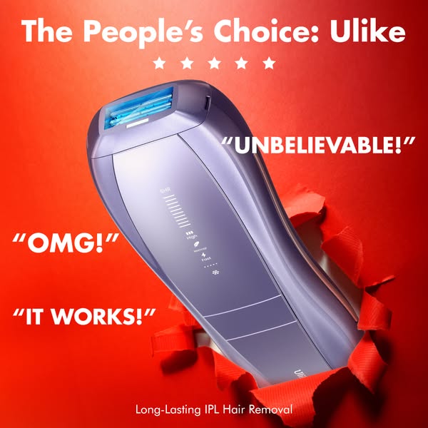 This ad for Ulike hair removal device features the product bursting through a red background, with star ratings and cust