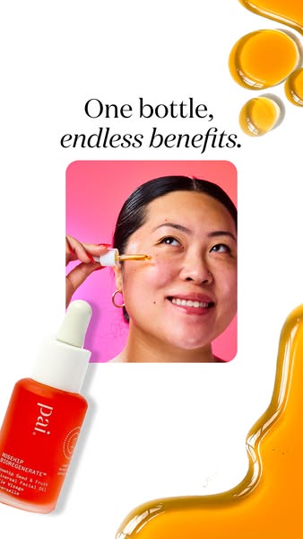This ad showcases the Pai Rosehip Bioregenerate oil and its benefits. It features a woman applying the oil to her face, 