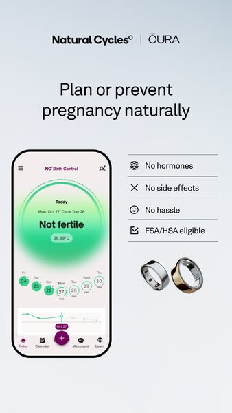 This ad promotes Natural Cycles, a natural birth control app, and the Oura ring. The ad highlights the benefits of using