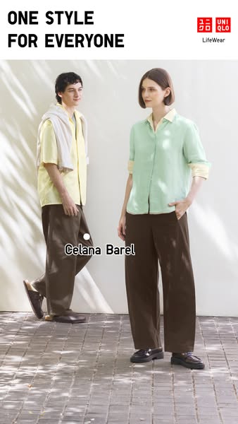 This ad for Uniqlo features a man and woman wearing Celana Barel pants. The ad emphasizes that this is one style for eve