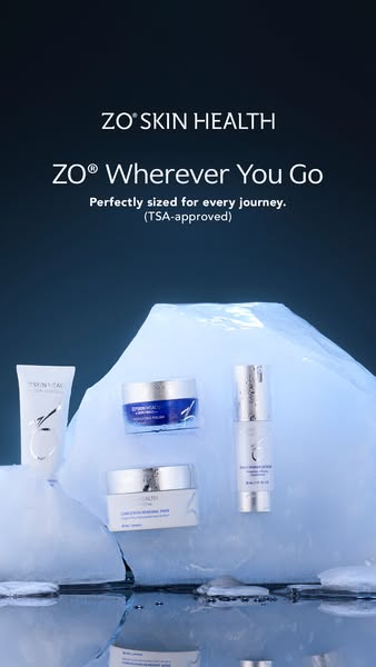 This image ad promotes ZO Skin Health travel-sized skincare products, emphasizing their convenience for journeys and TSA