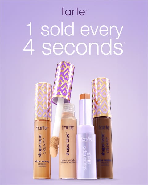 This ad features the brand Tarte and their Shape Tape concealer. It highlights that one unit is sold every 4 seconds.