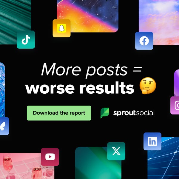 This ad for Sprout Social features the headline "More posts = worse results" and is designed to promote Sprout