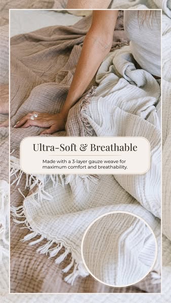 This ad showcases a soft and breathable blanket made with a 3-layer gauze weave.