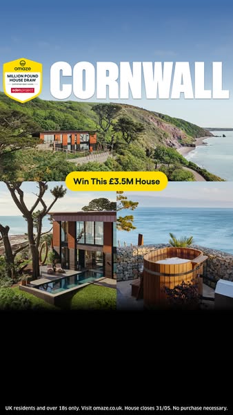 This image ad promotes a sweepstakes where UK residents over 18 can win a £3.5M house in Cornwall by visiting omaze.co.u
