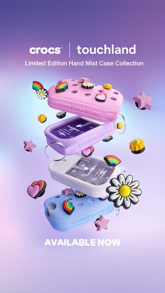 This ad promotes the limited edition Crocs Touchland hand mist case collection. The ad features a stack of three hand sa