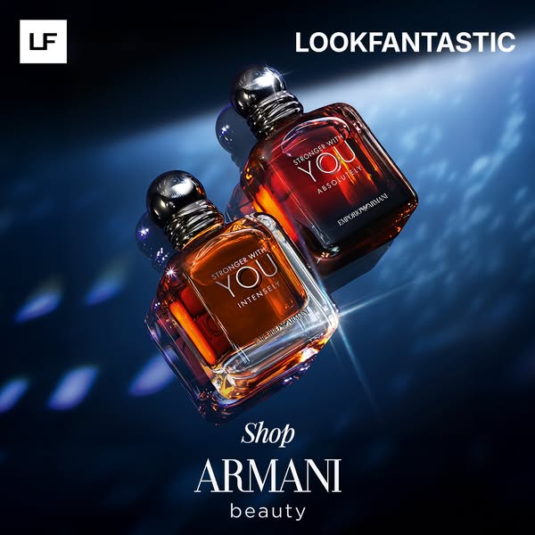 This ad showcases two Armani Beauty fragrances, Stronger With You Intensely and Stronger With You Absolutely, against a 