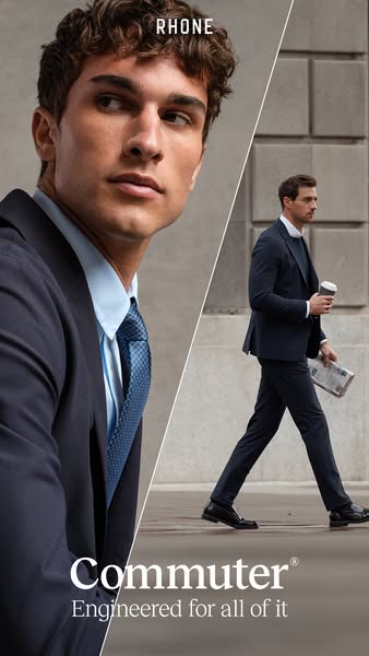 This image ad features a split screen with a close-up studio shot of a man in a suit on one side and a full body shot of