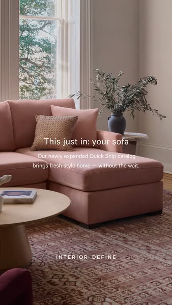 This ad for Interior Define features a pink sofa and promotes their newly expanded Quick Ship catalog.