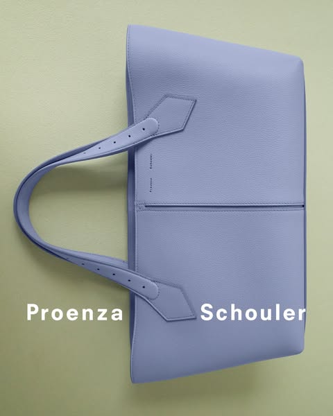 This ad features a light purple Proenza Schouler handbag in a studio shot against a pale green backdrop. The ad promotes