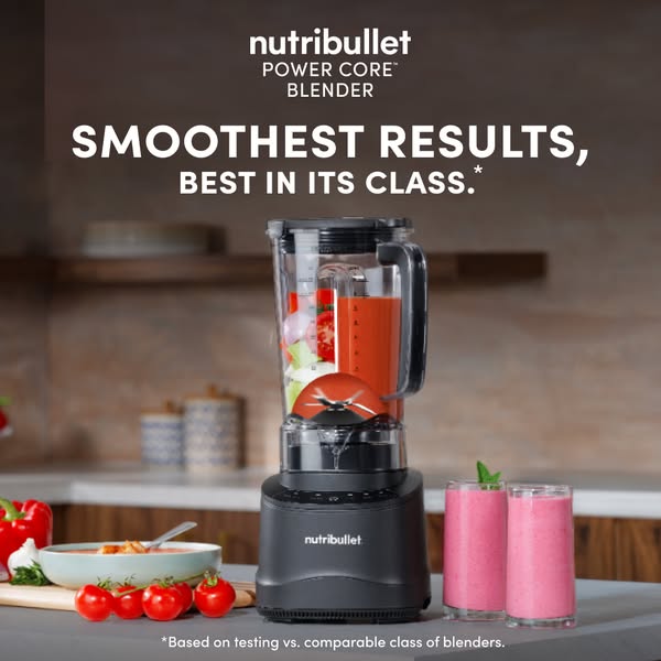 This image ad showcases the Nutribullet Power Core Blender. It highlights its ability to produce smooth results, positio