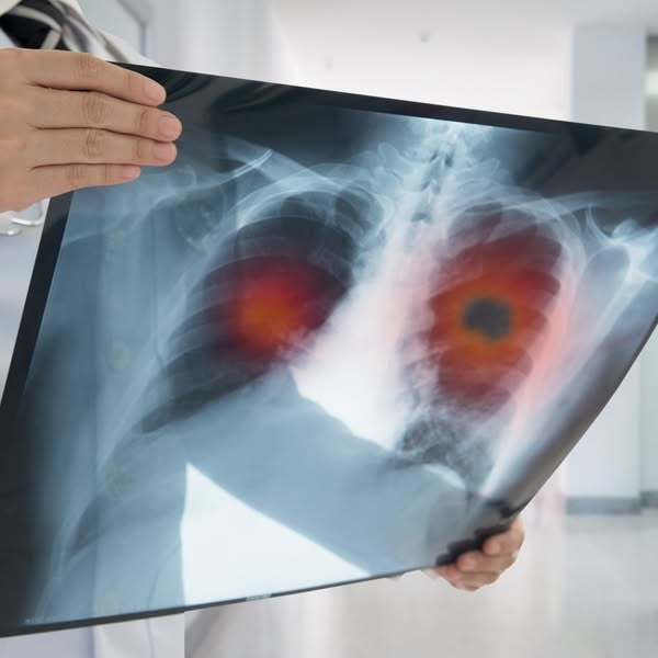 This ad shows an X-ray of a person's chest. There are red areas around the lungs, implying lung disease. The ad is l