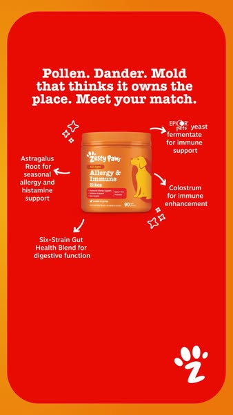This ad promotes Zesty Paws Allergy & Immune Bites for dogs, highlighting their key ingredients and benefits for sea