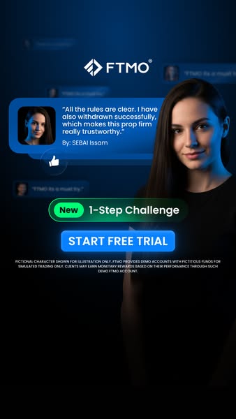 This image ad features a testimonial for FTMO, a prop firm, with an offer for a free trial of their 1-step challenge. Th