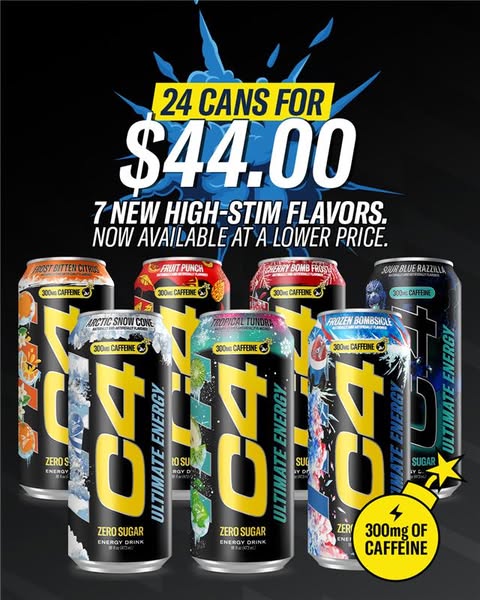 This ad showcases the C4 Ultimate Energy drink, highlighting a special offer of 24 cans for $44.00. It emphasizes the av