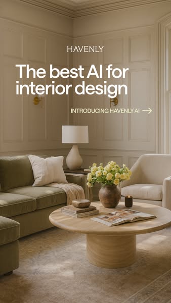 This ad introduces Havenly's AI interior design services, showcasing a beautifully designed living room. The focus i