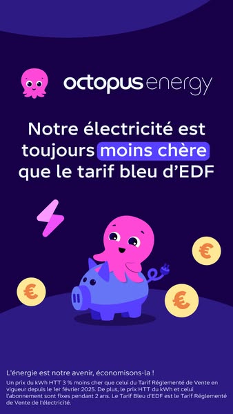 This image ad for Octopus Energy features a cartoon octopus riding a piggy bank, with the message that their electricity