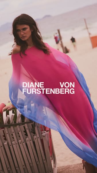 This ad showcases a Diane von Furstenberg dress on a model at the beach. The visual style emphasizes the dress's col