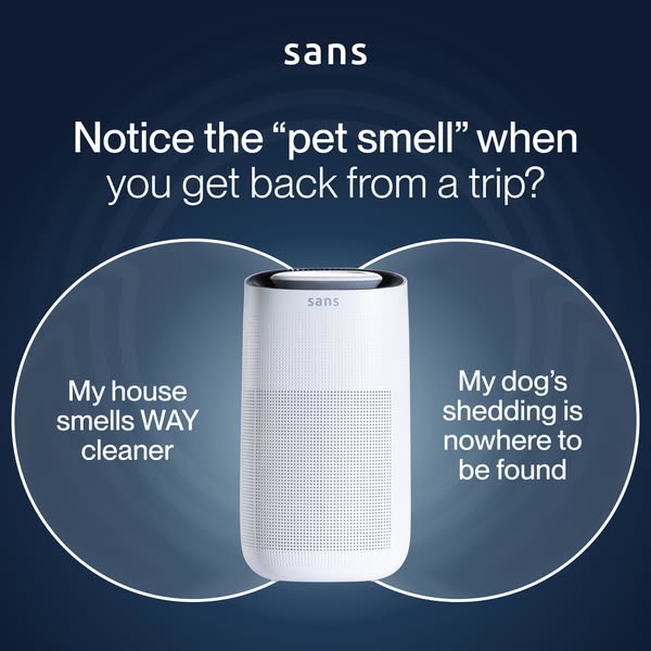 This ad for Sans air purifiers targets pet owners who are concerned about lingering pet odors and pet dander. The ad fea